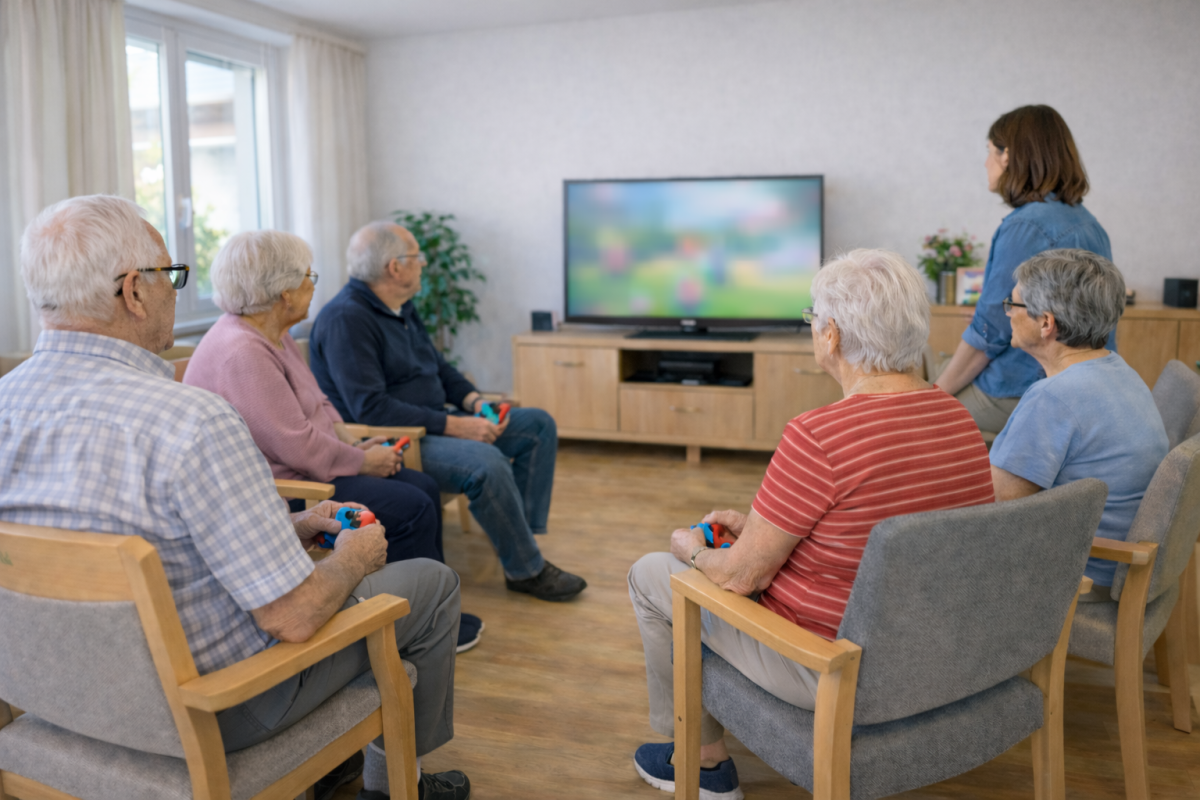 Seniorinnen und Senioren bei einer strukturierten Gruppenaktivierung mit Spielkonsole in einem Schweizer Altersheim